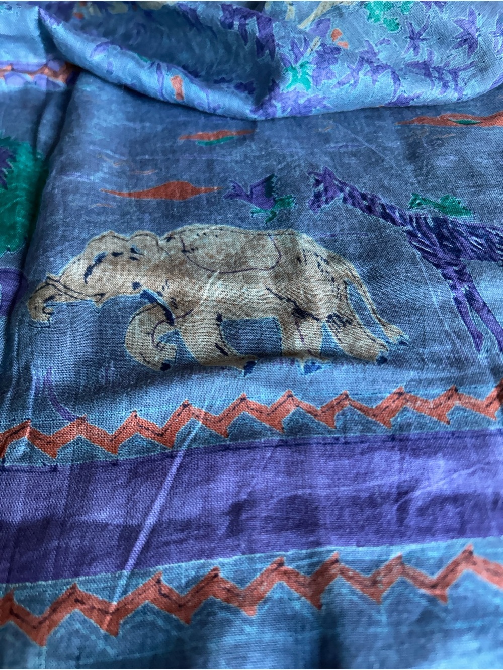 Blue & Purple Elephant Print Scarf with Orange Accents 38” x 38” hand rolled